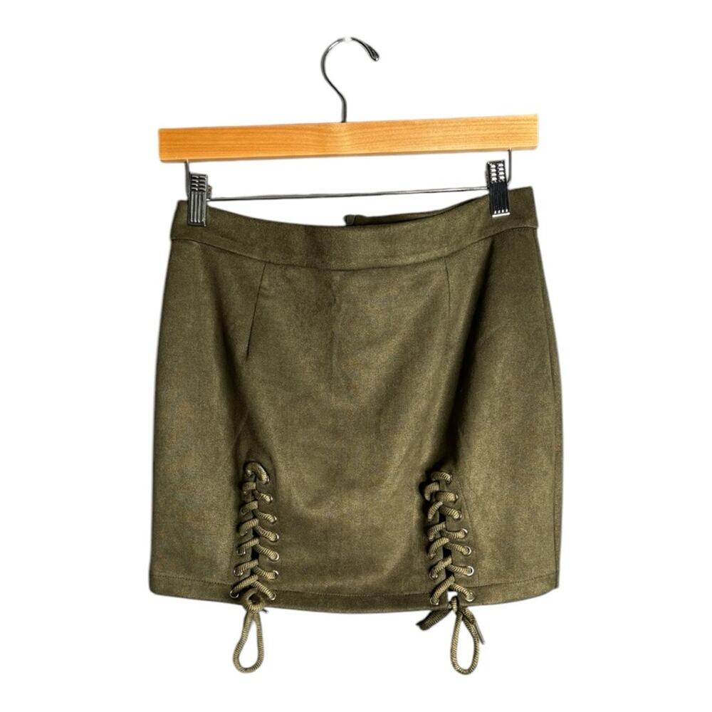 Seek the Label Olive Green Faux Suede Mini Skirt Lace Up Detail Medium